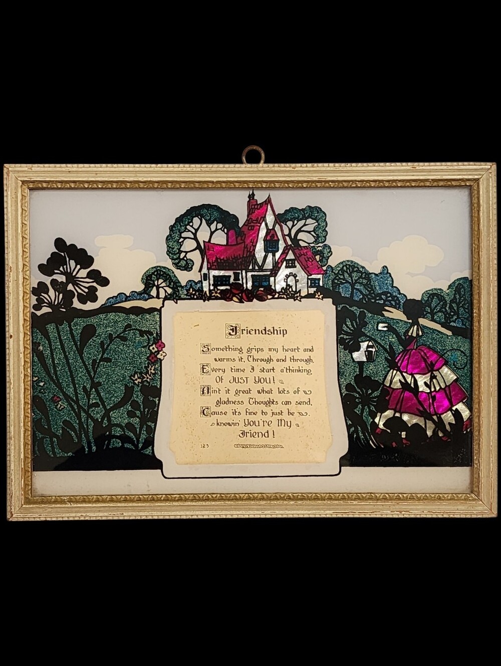 Vintage Silhouette Reversed Painting Frienship Poem Foil Art Framed 7" X 10"